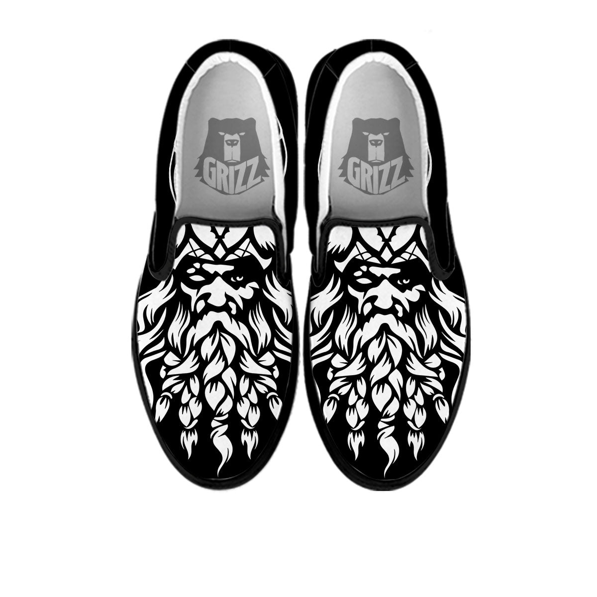 Viking God Odin White And Black Print Black Slip On Shoes-grizzshop