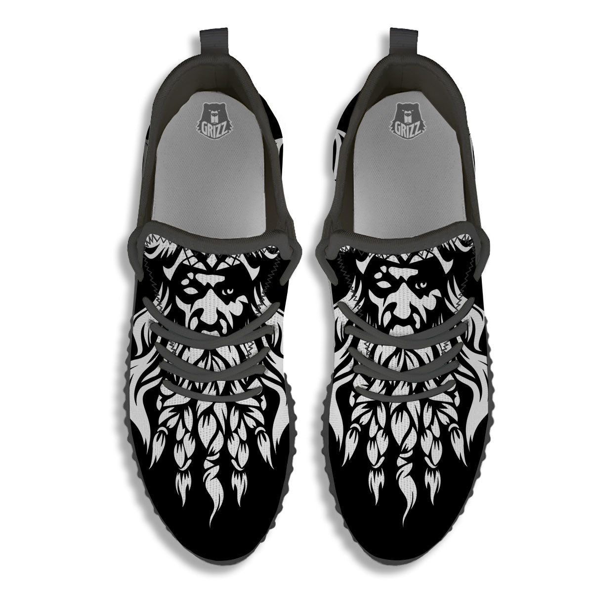 Viking God Odin White And Black Print Black Walking Shoes-grizzshop