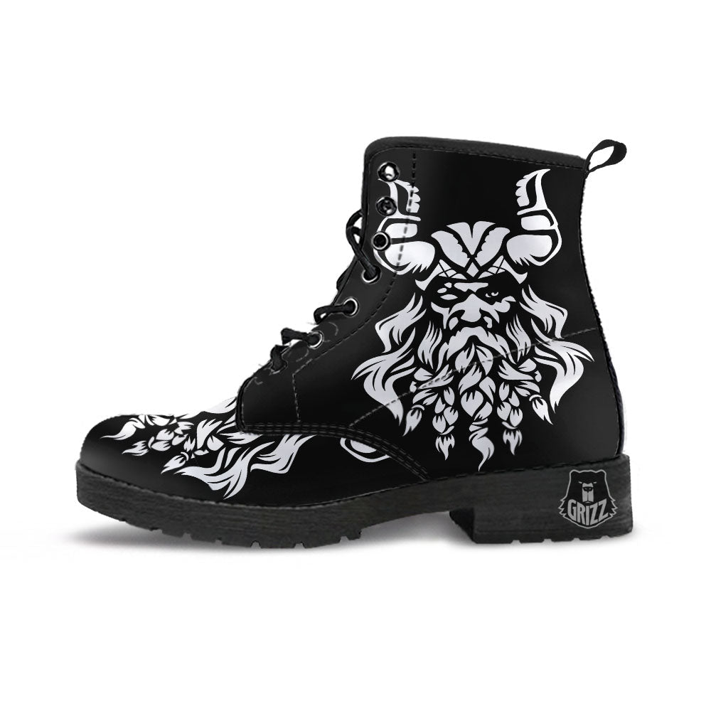 Viking God Odin White And Black Print Leather Boots-grizzshop