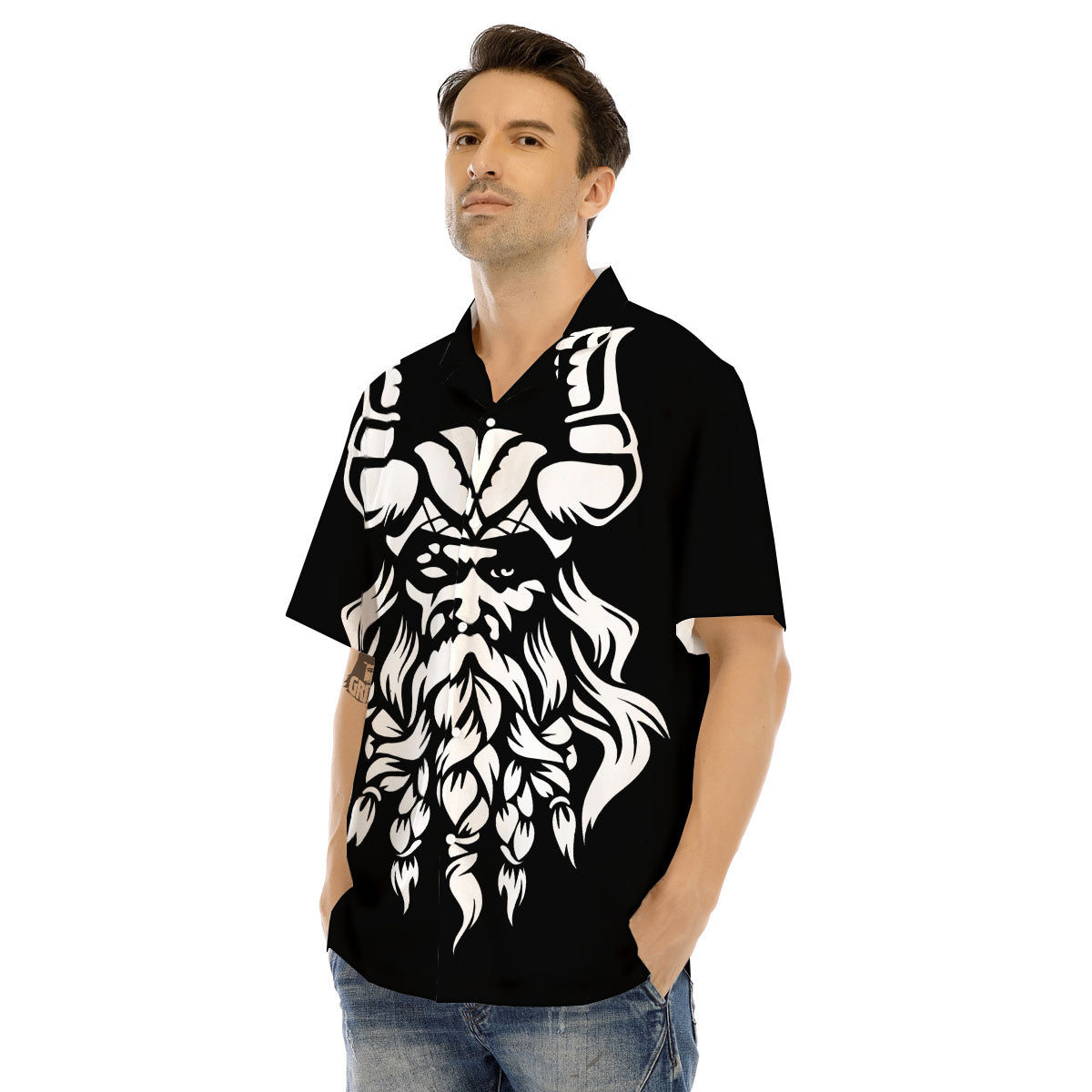 Viking God Odin White And Black Print Men's Hawaiian Shirt-grizzshop