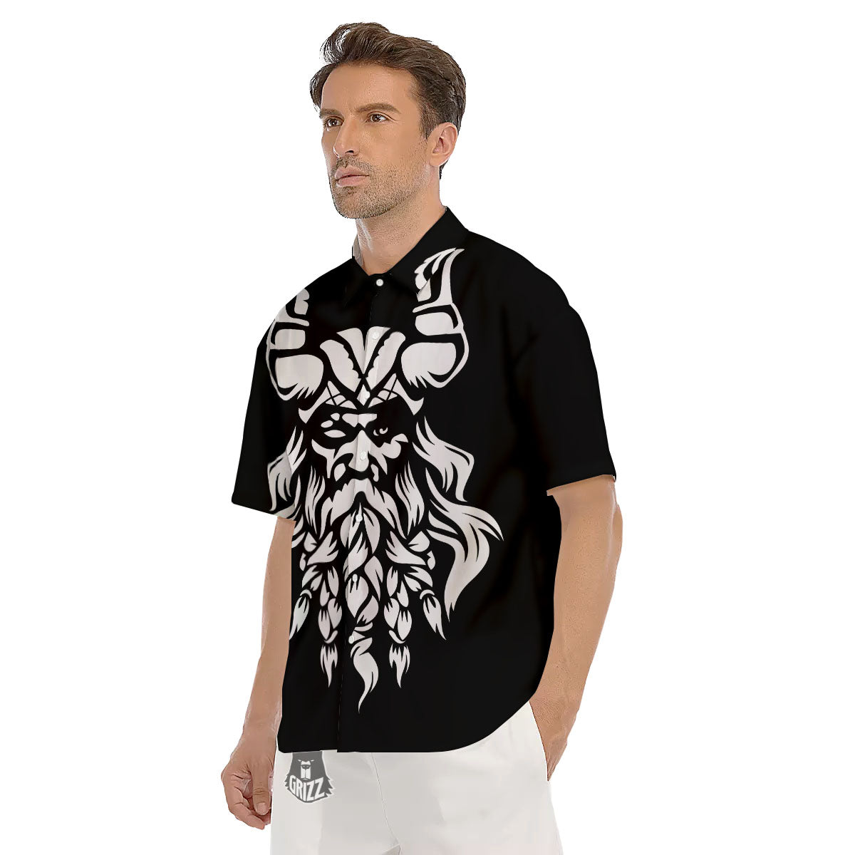Viking God Odin White And Black Print Men's Short Sleeve Shirts-grizzshop