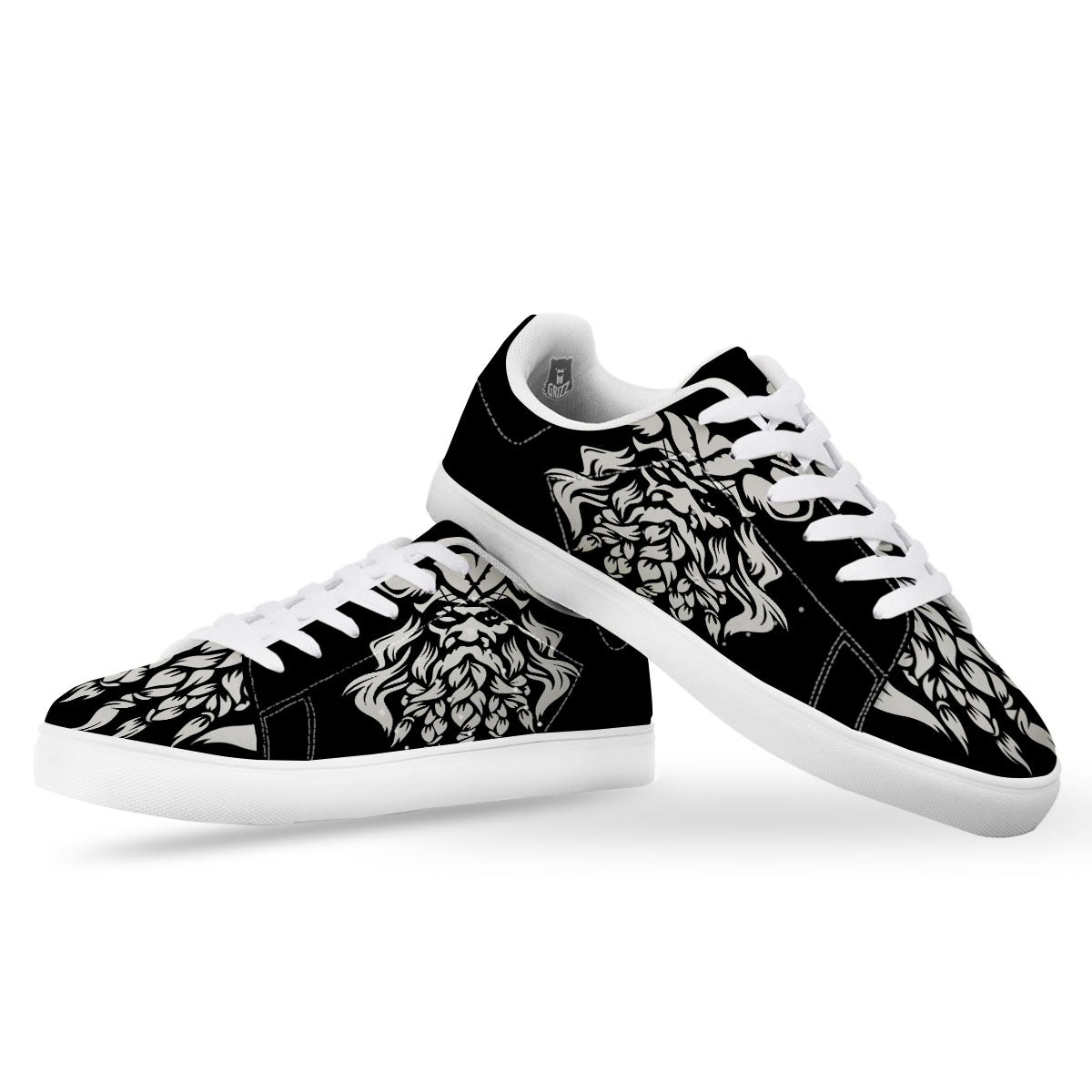 Viking God Odin White And Black Print White Low Top Sneakers-grizzshop