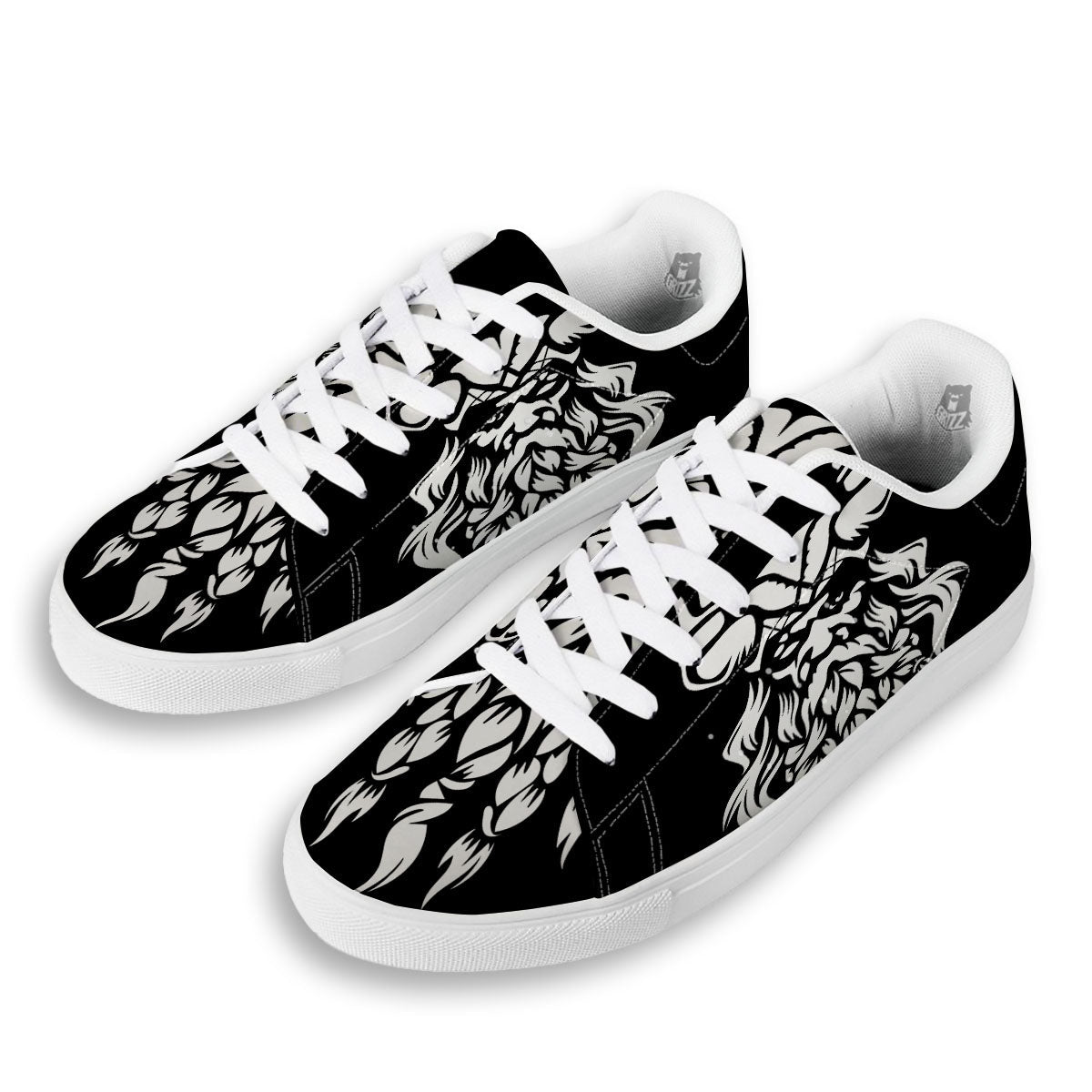 Viking God Odin White And Black Print White Low Top Sneakers-grizzshop