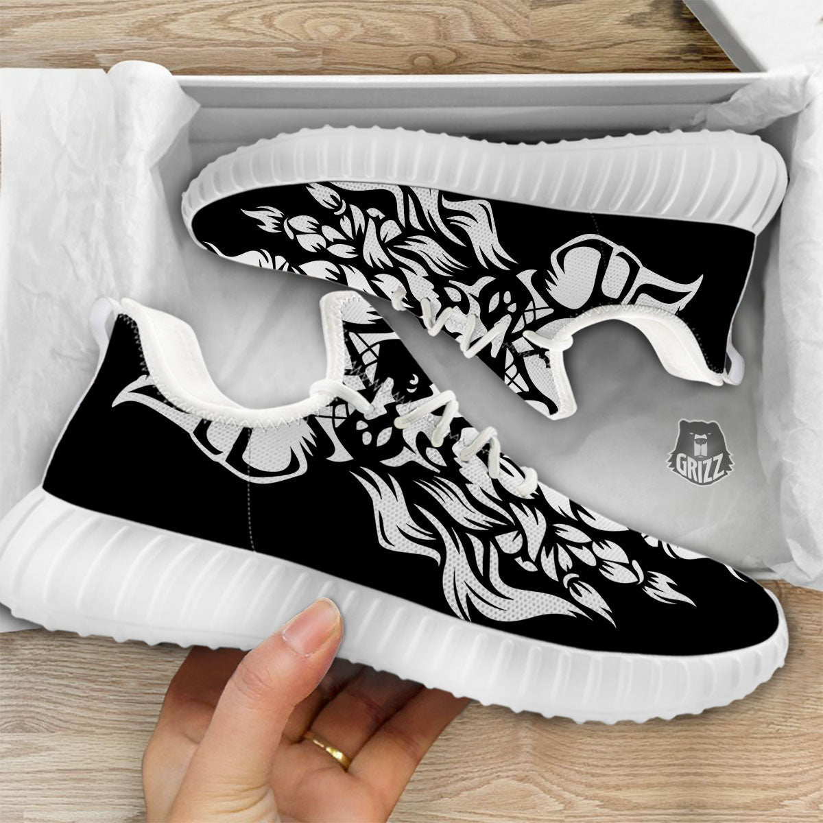 Viking God Odin White And Black Print White Walking Shoes-grizzshop