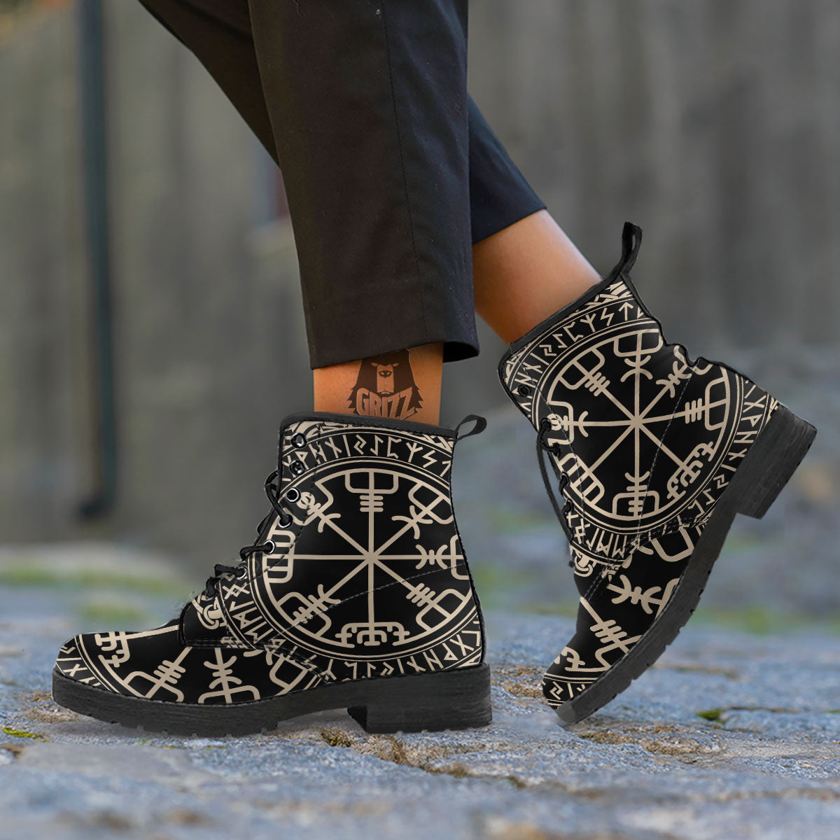 Viking Helm Of Terror Scandinavian Print Leather Boots-grizzshop