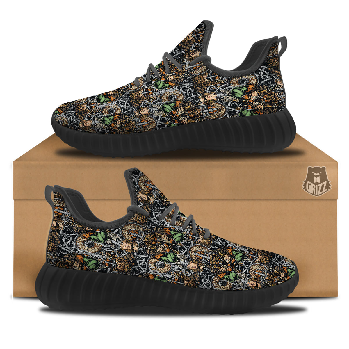 Viking Nordic Warriors Print Pattern Black Walking Shoes-grizzshop
