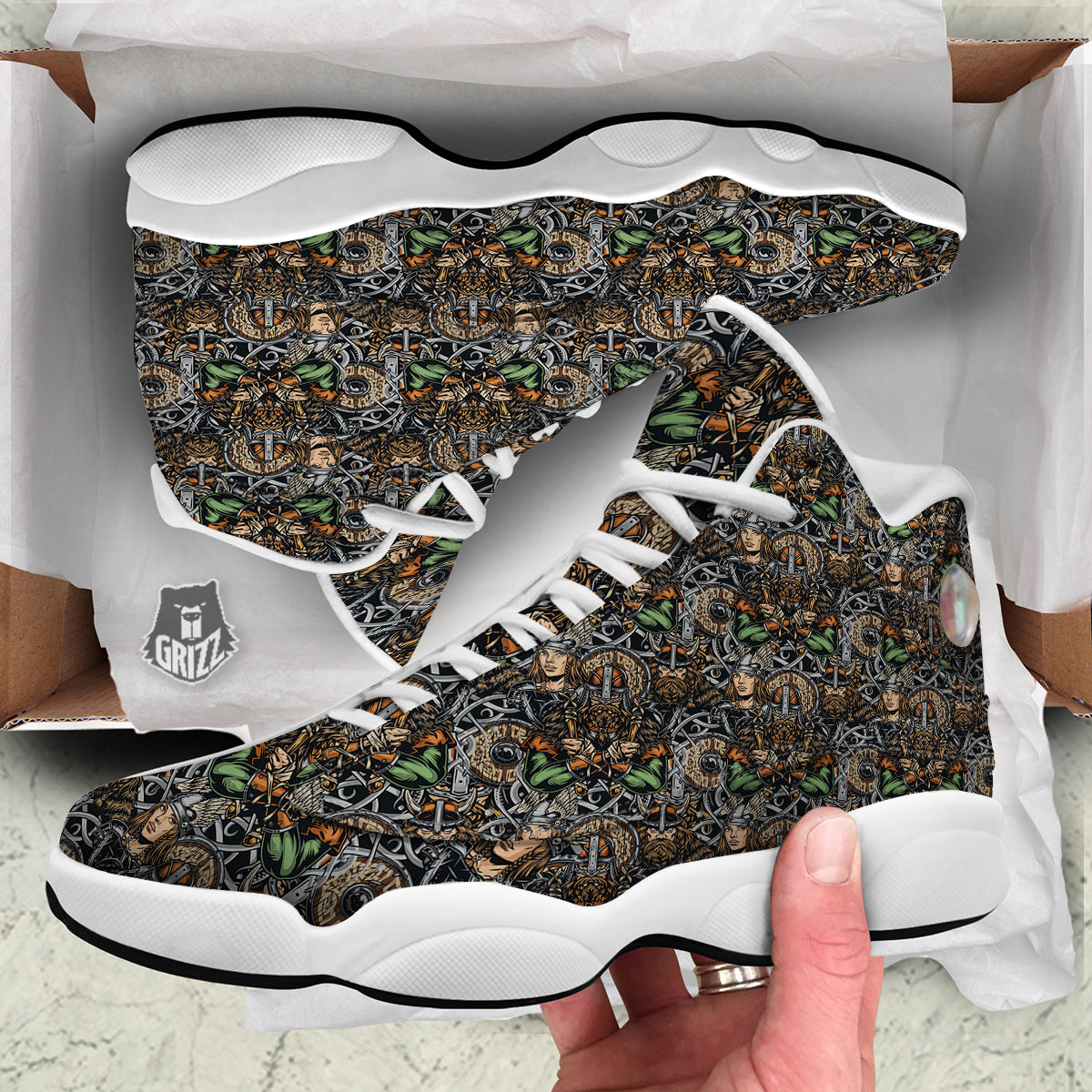 Viking Nordic Warriors Print Pattern White Basketball Shoes-grizzshop