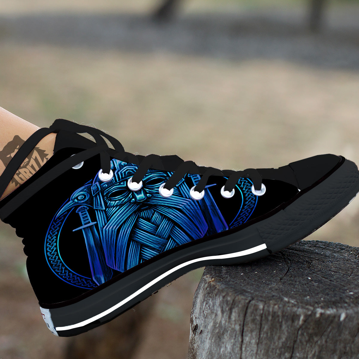 Viking Norse God Odin Blue Print Black High Top Shoes-grizzshop