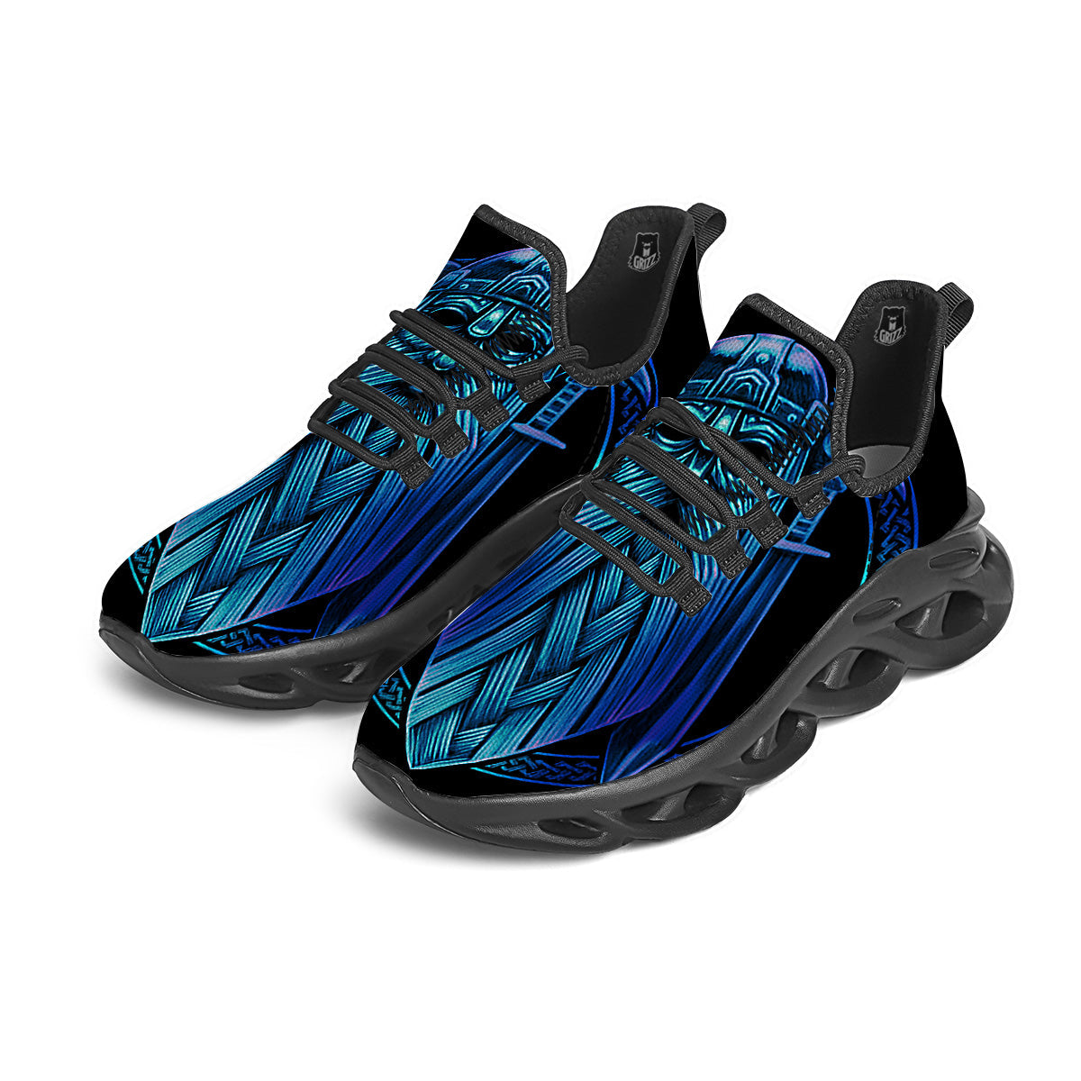 Viking Norse God Odin Blue Print Black Running Shoes-grizzshop