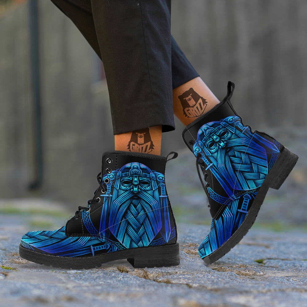 Viking Norse God Odin Blue Print Leather Boots-grizzshop