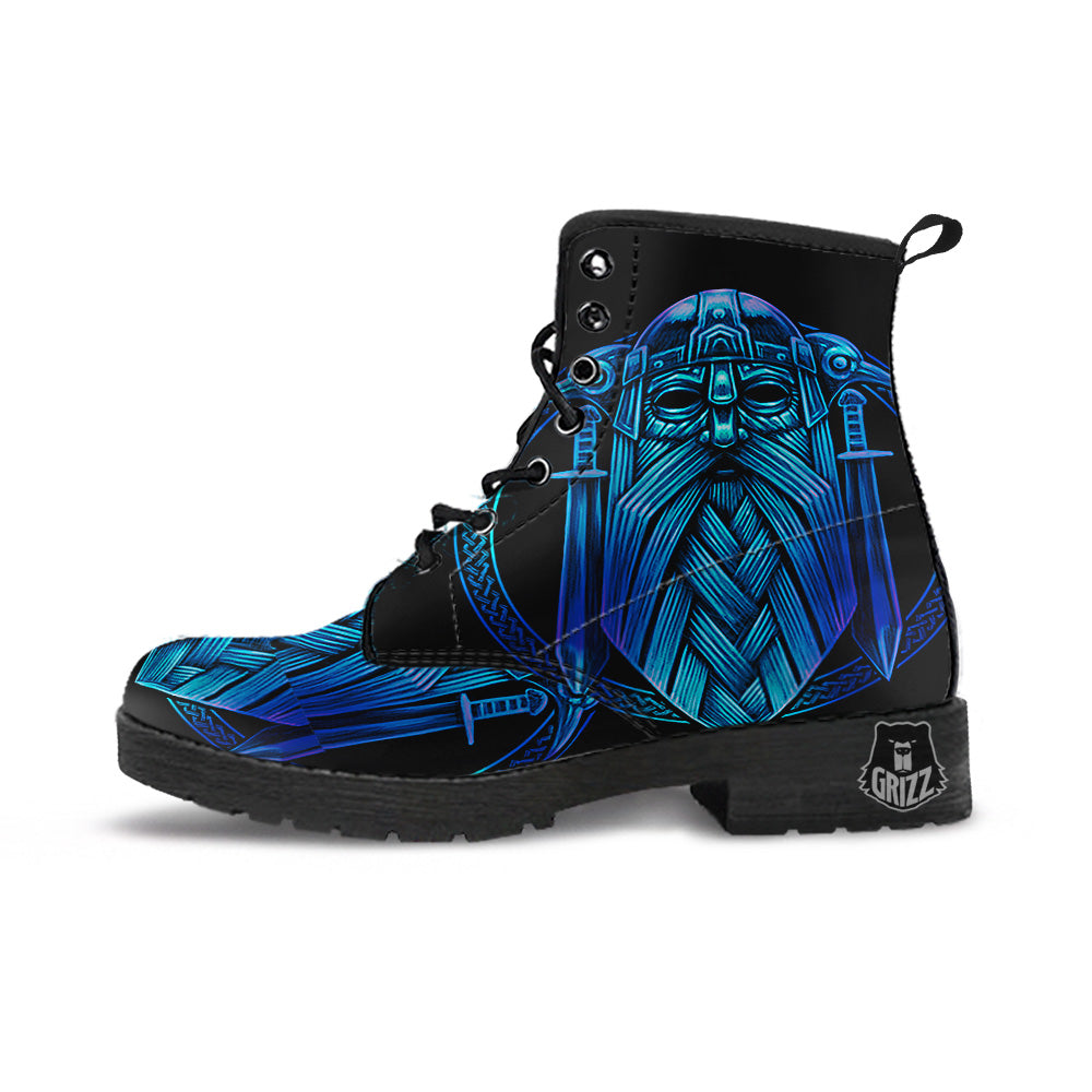 Viking Norse God Odin Blue Print Leather Boots-grizzshop
