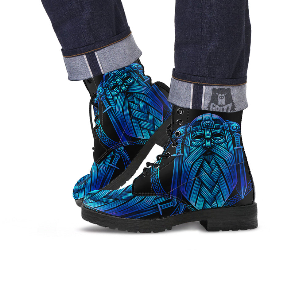 Viking Norse God Odin Blue Print Leather Boots-grizzshop