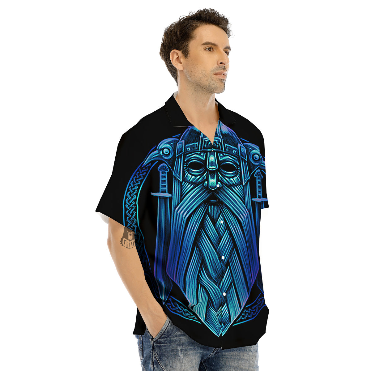 Viking Norse God Odin Blue Print Men's Hawaiian Shirt-grizzshop