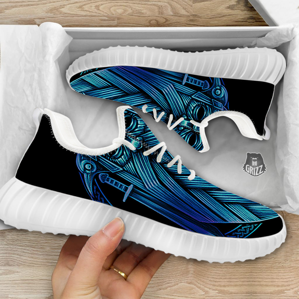 Viking Norse God Odin Blue Print White Walking Shoes-grizzshop
