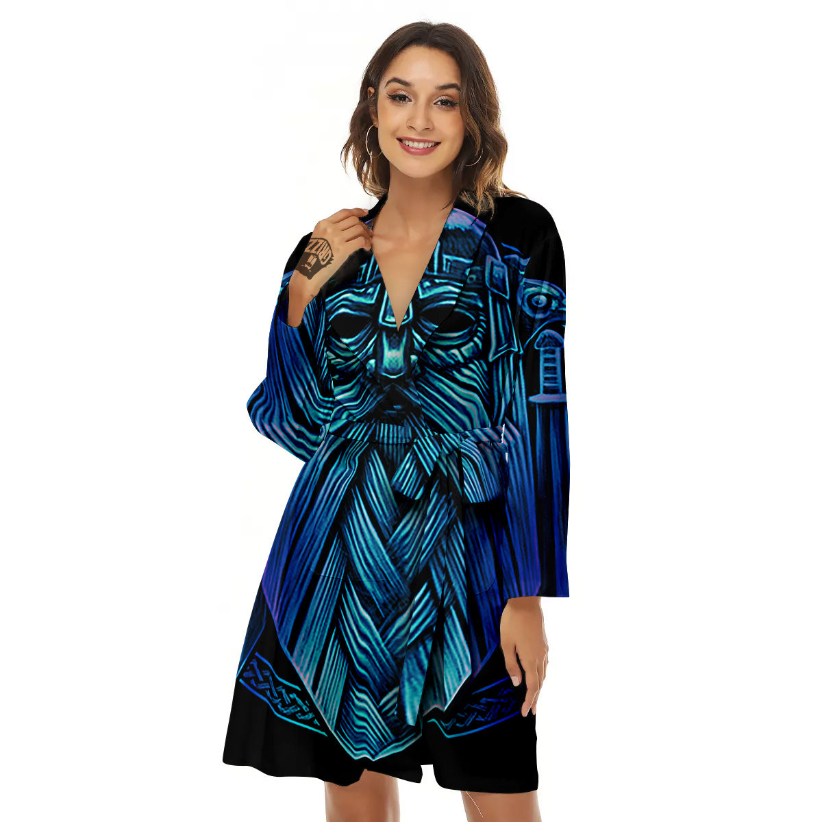Viking Norse God Odin Blue Print Women's Robe-grizzshop