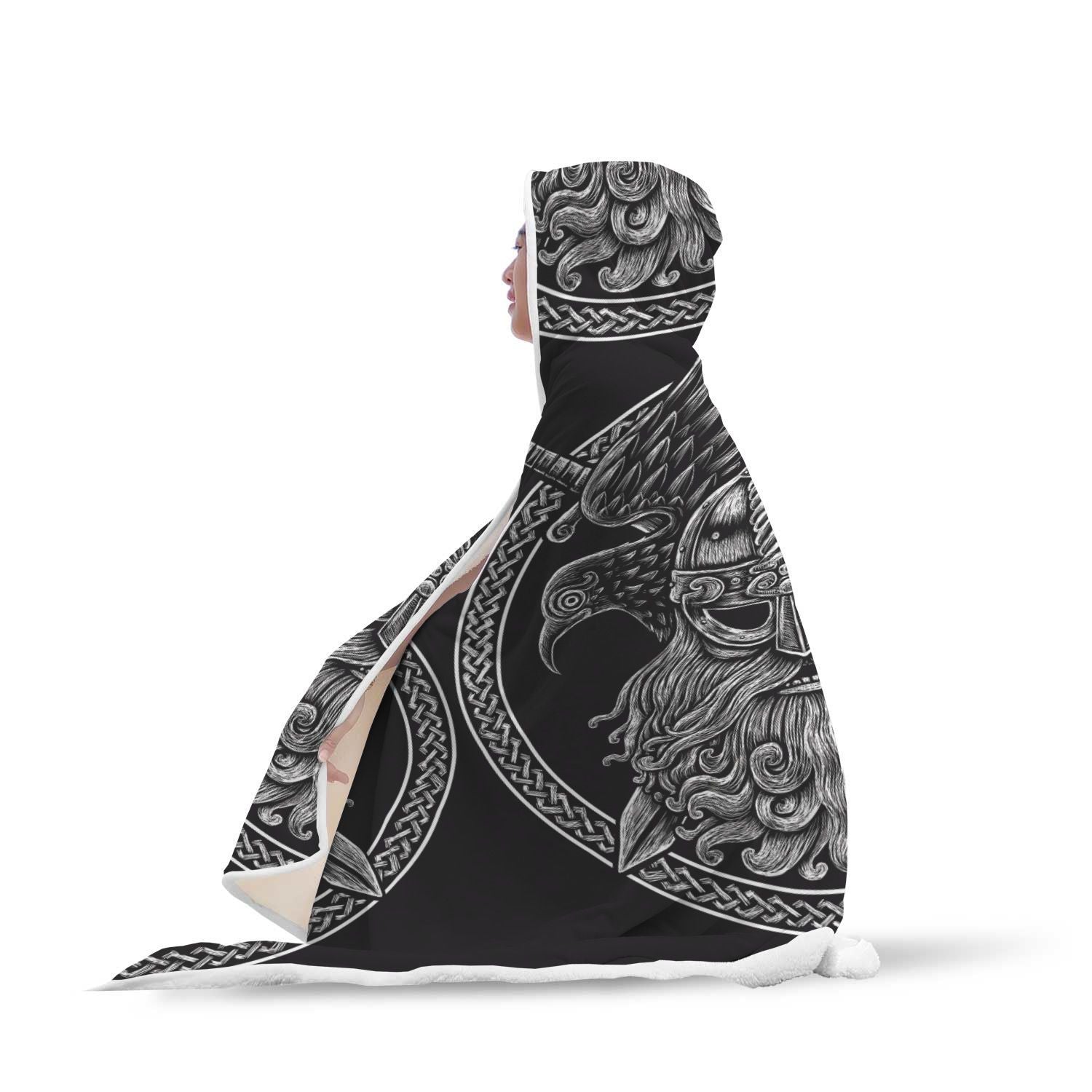 Viking Odin Sword Raven Print Hooded Blanket-grizzshop