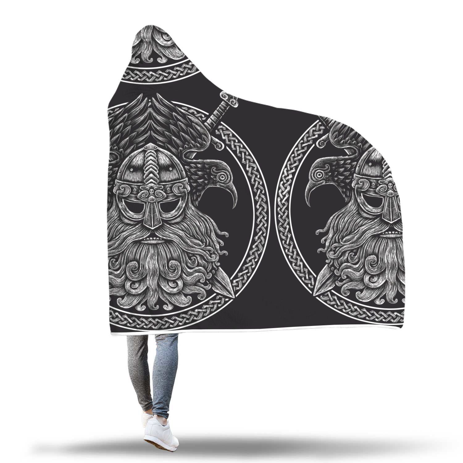 Viking Odin Sword Raven Print Hooded Blanket-grizzshop