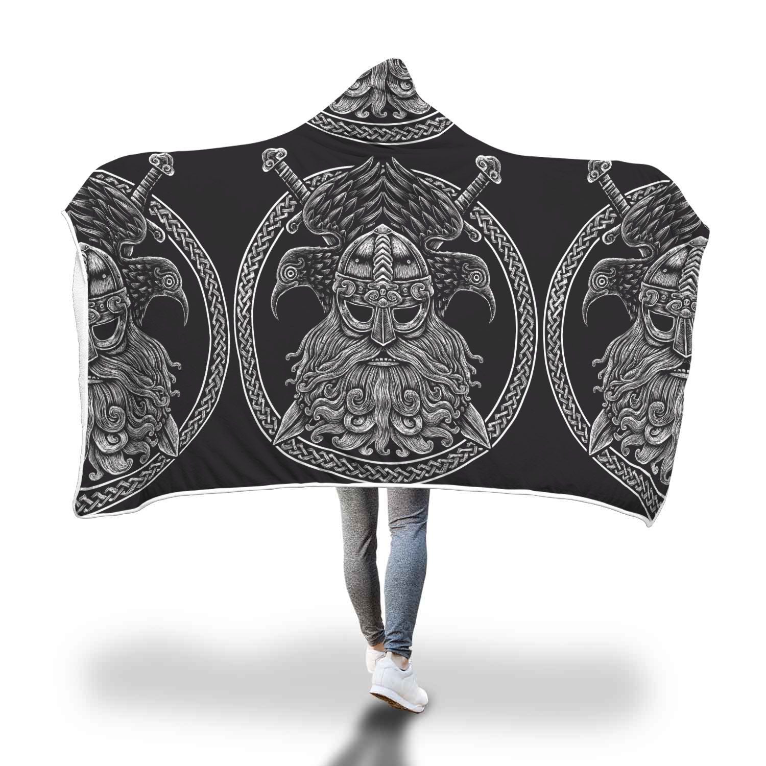 Viking Odin Sword Raven Print Hooded Blanket-grizzshop