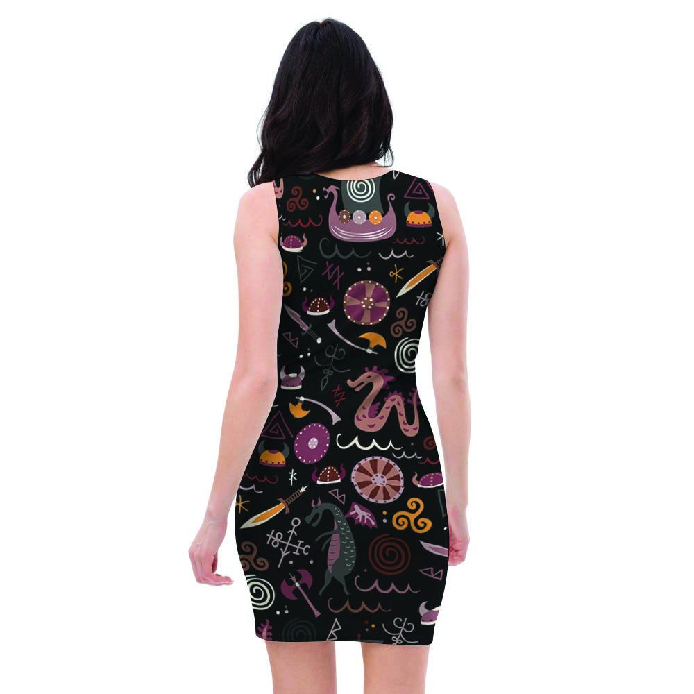 Viking Valhalla Cartoon Bodycon Dress-grizzshop