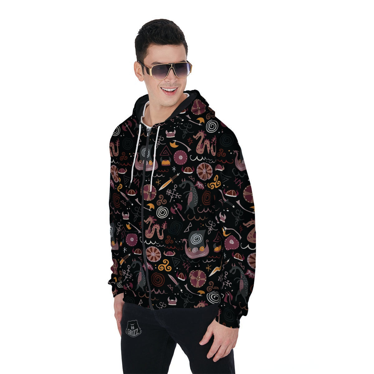 Viking Valhalla Cartoon Men's Zip Up Hoodie-grizzshop