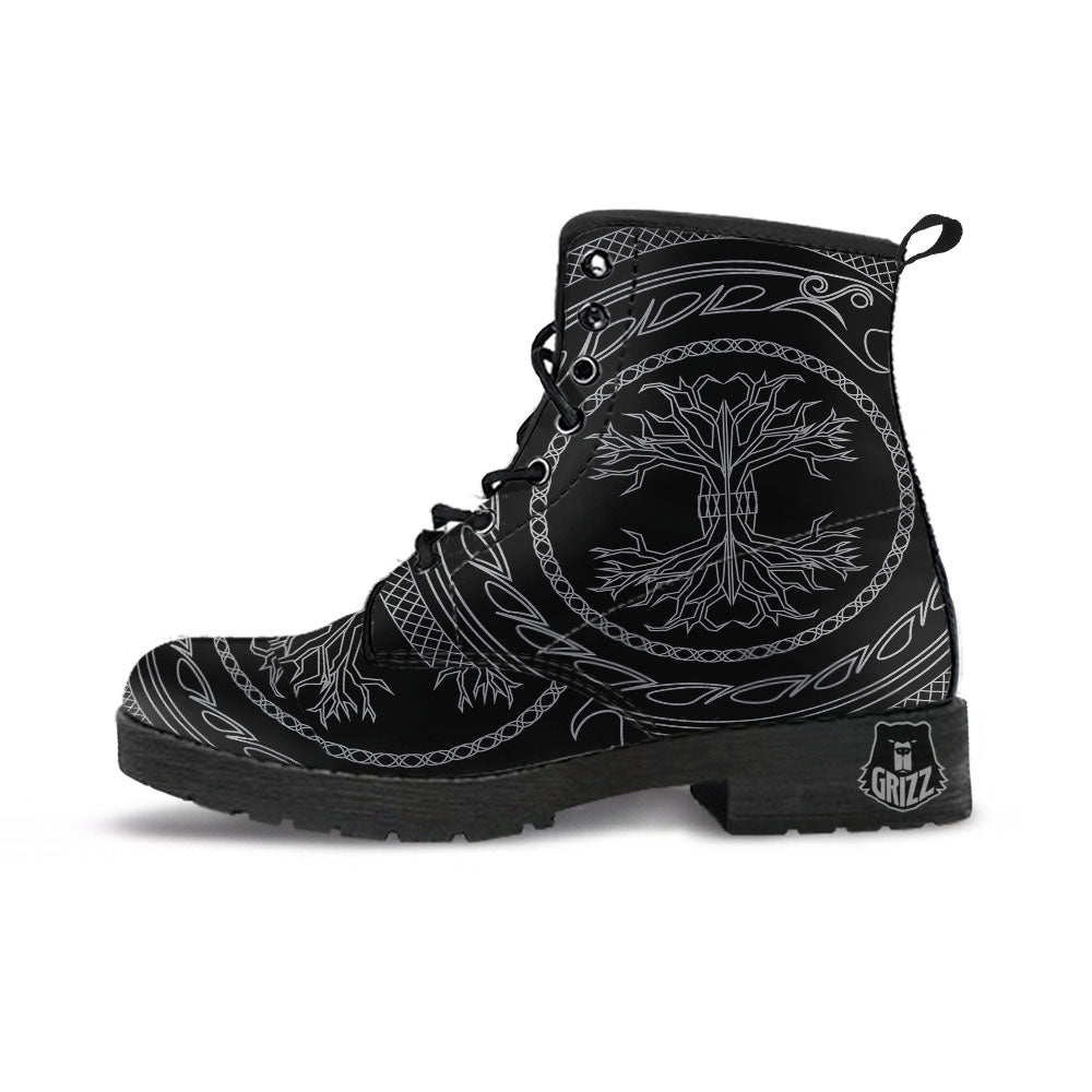 Viking Yggdrasil White And Black Print Leather Boots-grizzshop