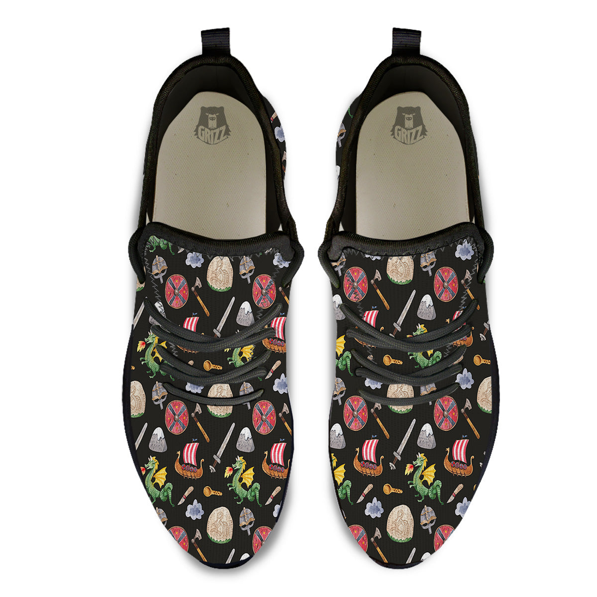 Vikings Watercolor Cartoon Style Print Pattern Black Athletic Shoes-grizzshop