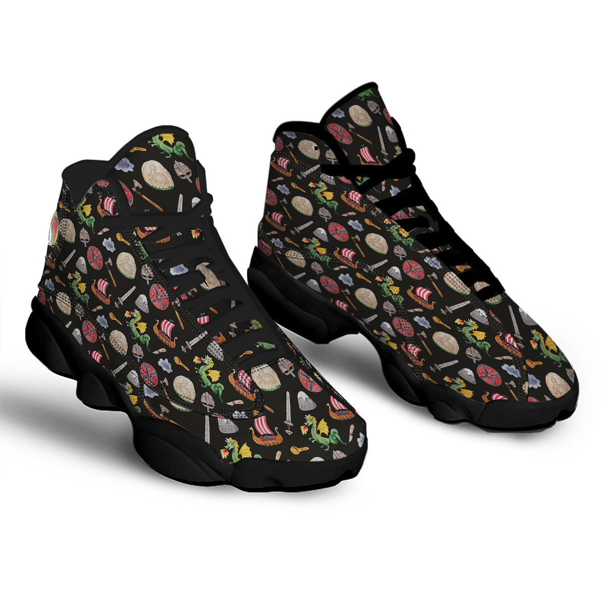 Vikings Watercolor Cartoon Style Print Pattern Black Basketball Shoes-grizzshop