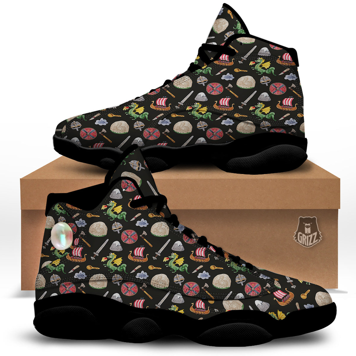 Vikings Watercolor Cartoon Style Print Pattern Black Basketball Shoes-grizzshop