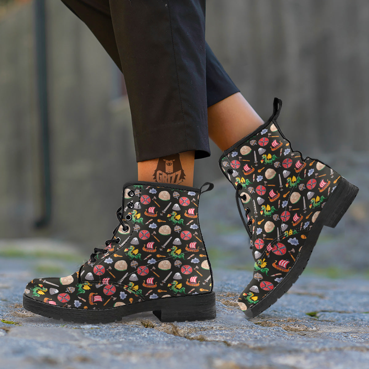 Vikings Watercolor Cartoon Style Print Pattern Leather Boots-grizzshop