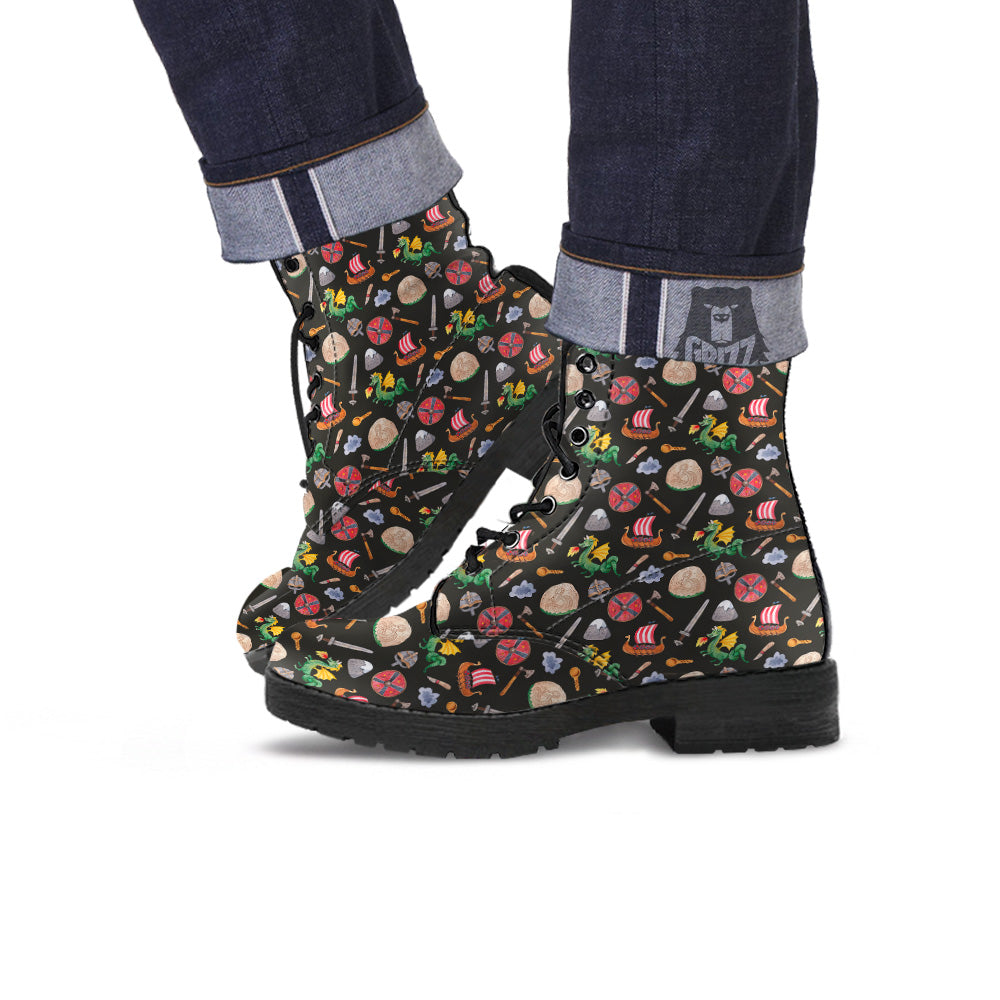Vikings Watercolor Cartoon Style Print Pattern Leather Boots-grizzshop