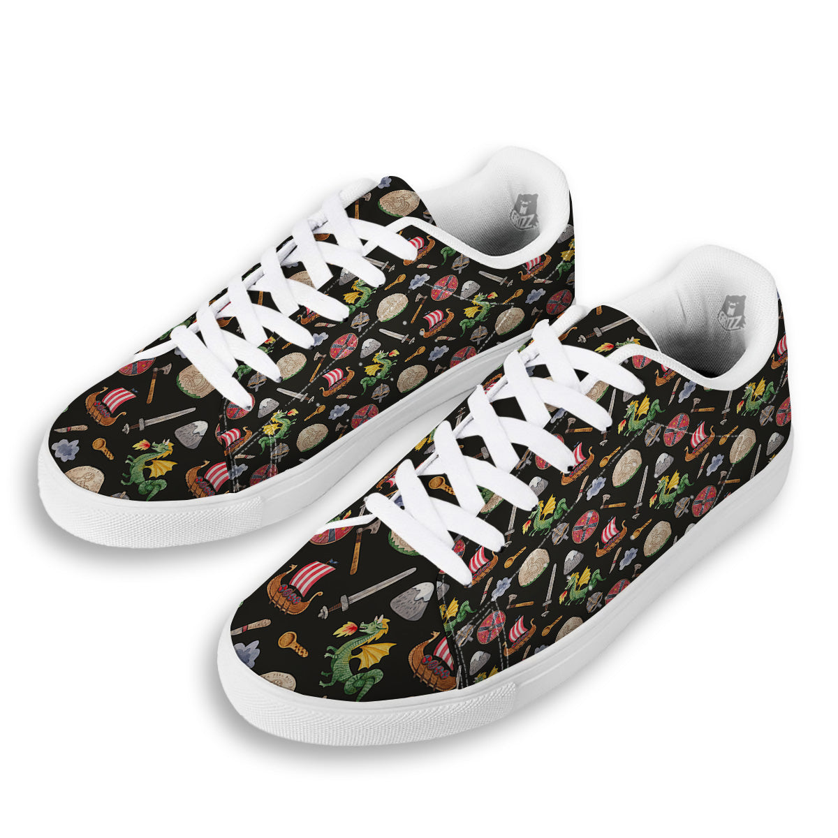 Vikings Watercolor Cartoon Style Print Pattern White Low Top Sneakers-grizzshop