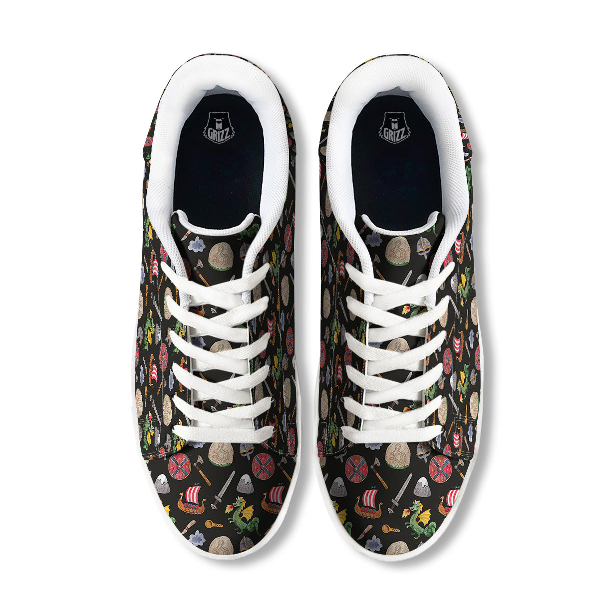 Vikings Watercolor Cartoon Style Print Pattern White Low Top Sneakers-grizzshop