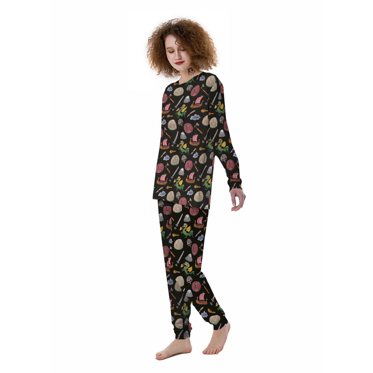 Vikings Watercolor Cartoon Style Print Pattern Women's Pajamas-grizzshop