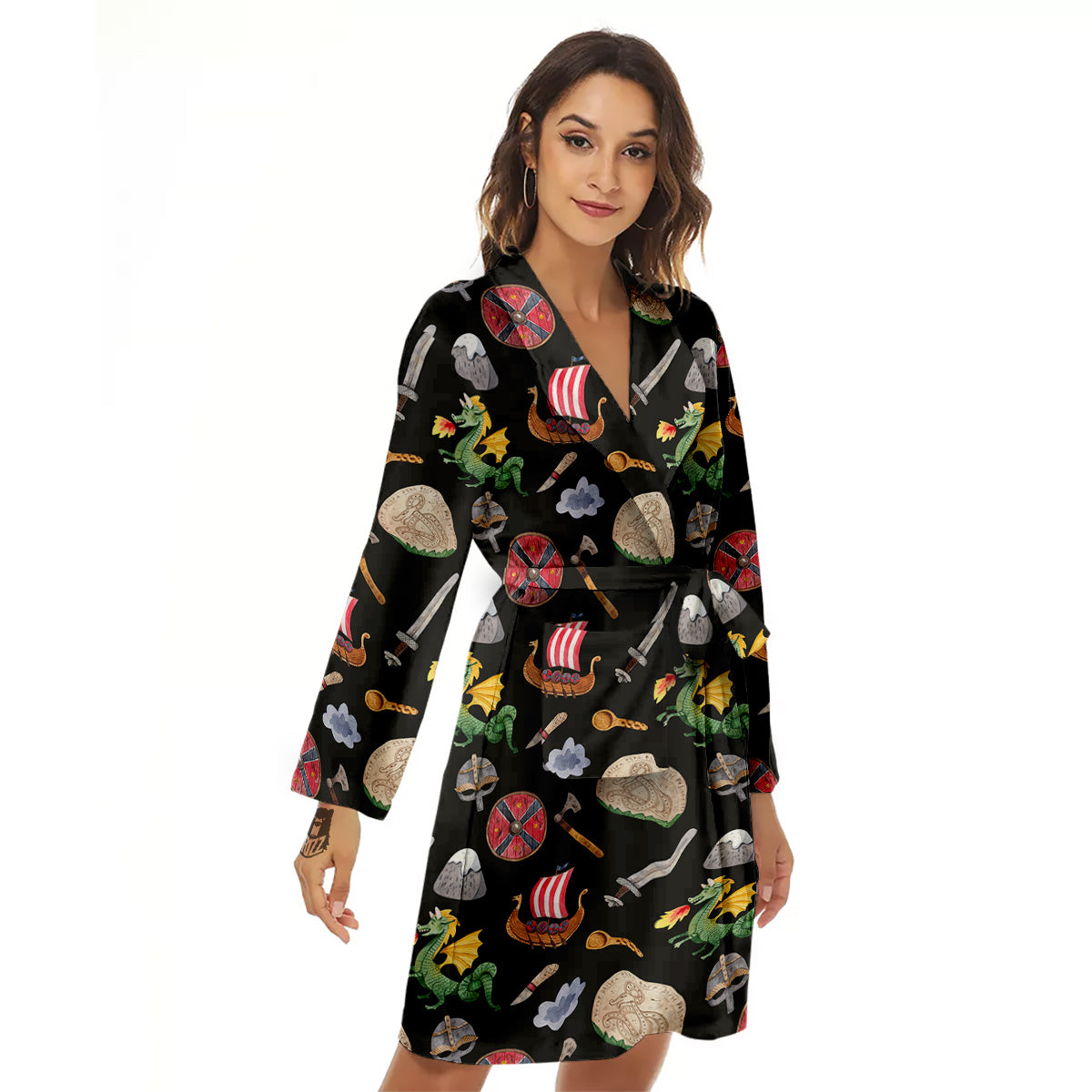 Vikings Watercolor Cartoon Style Print Pattern Women's Robe-grizzshop