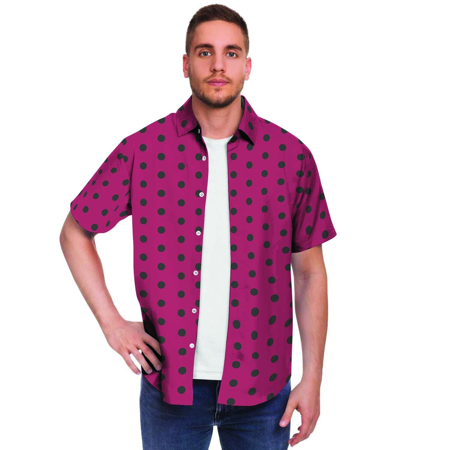 Vintage Black And Pink Tiny Polka Dot Men's Short Sleeve Shirt-grizzshop