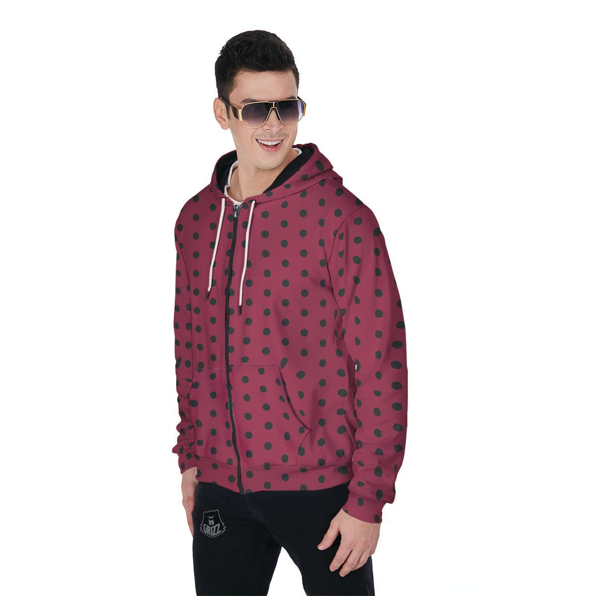 Vintage Black And Pink Tiny Polka Dot Men's Zip Up Hoodie-grizzshop