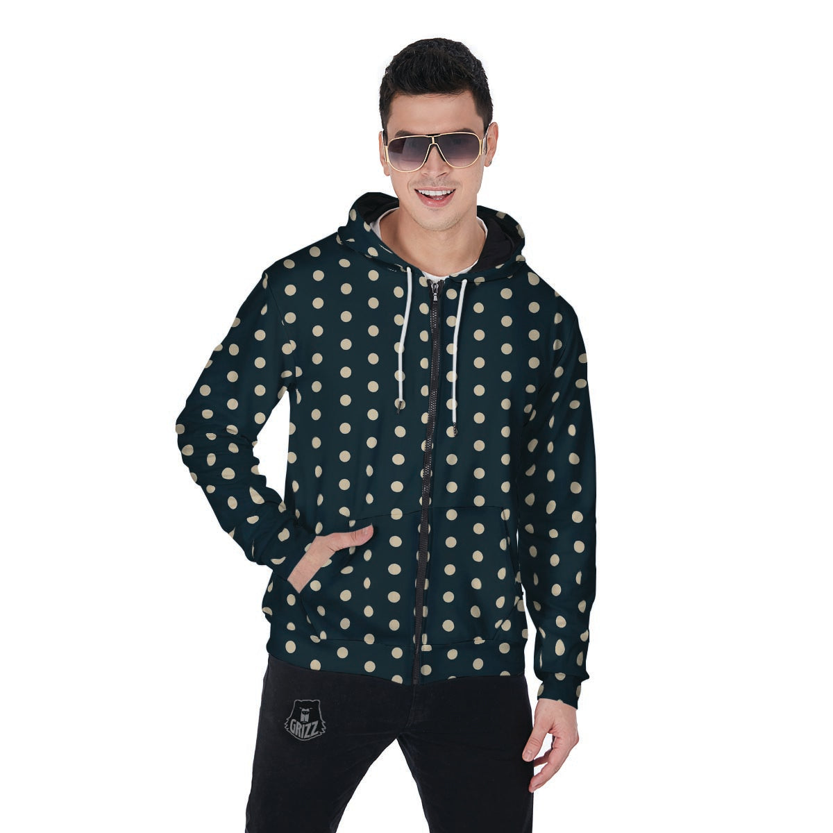 Vintage Black Tiny Polka Dot Men's Zip Up Hoodie-grizzshop