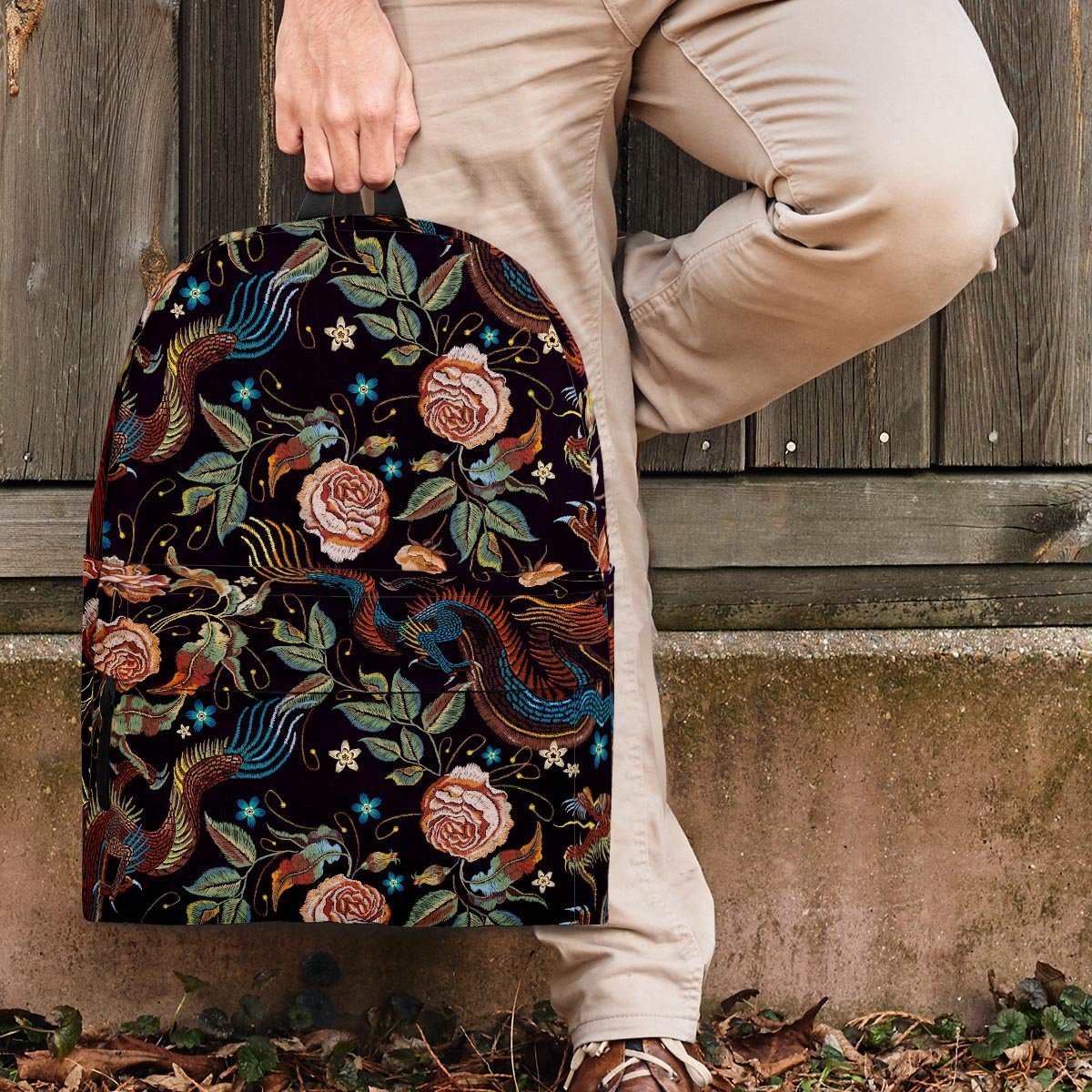 Vintage Chinese Dragon Floral Print Backpack-grizzshop