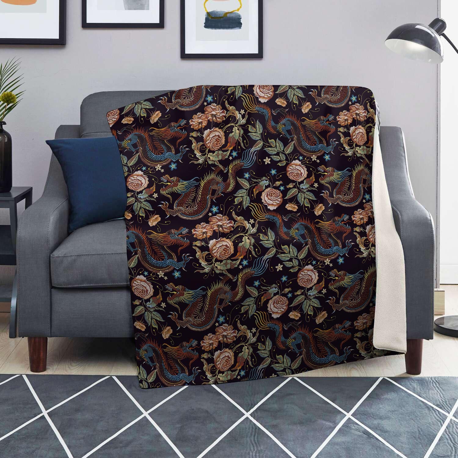 Vintage Chinese Dragon Floral Print Blanket-grizzshop