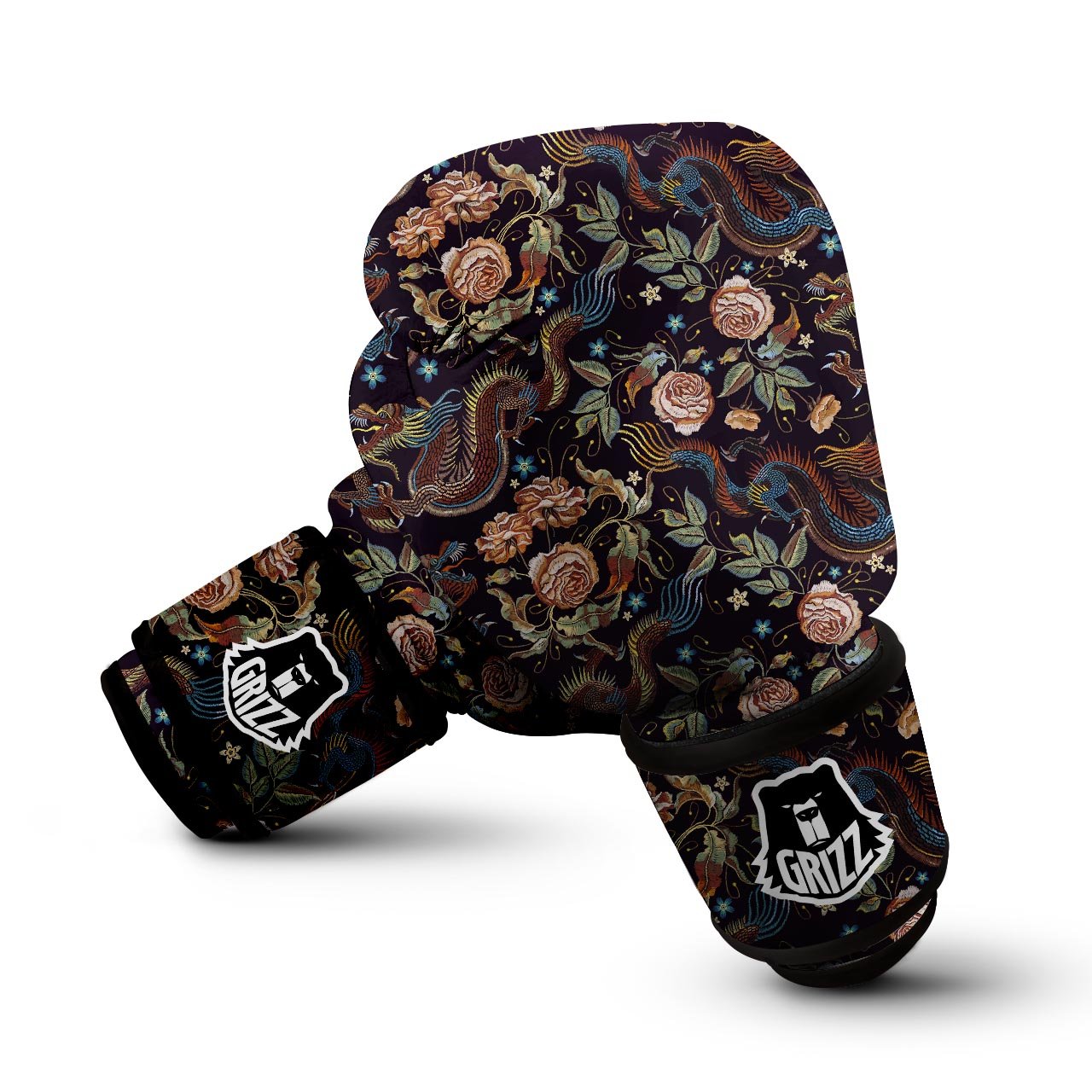 Vintage Chinese Dragon Floral Print Boxing Gloves-grizzshop