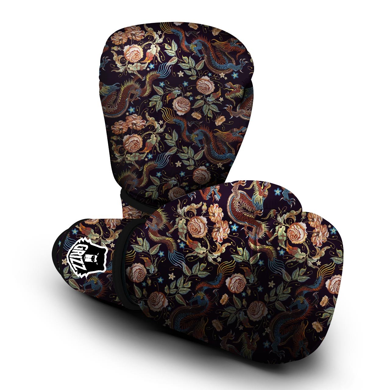 Vintage Chinese Dragon Floral Print Boxing Gloves-grizzshop