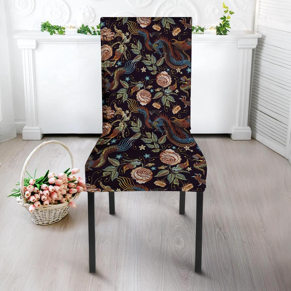 Vintage Chinese Dragon Floral Print Chair Cover-grizzshop