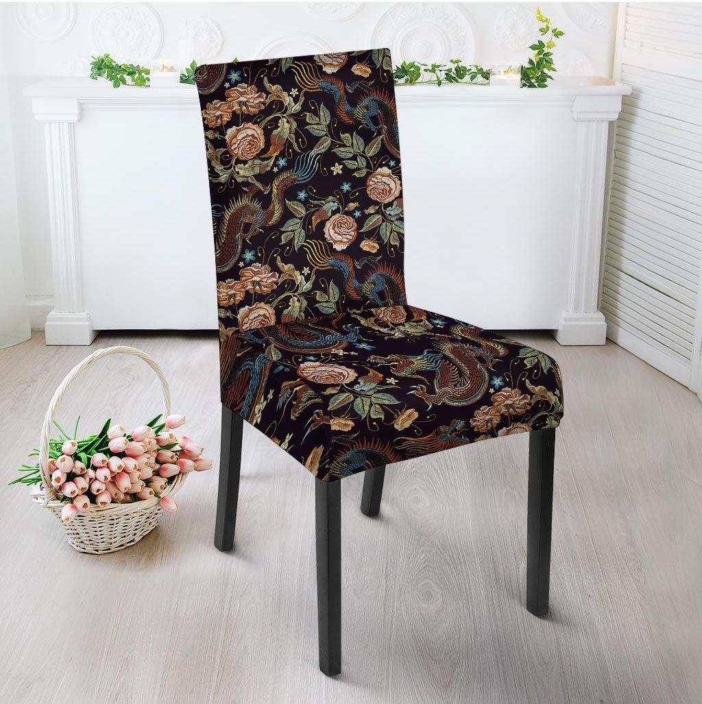 Vintage Chinese Dragon Floral Print Chair Cover-grizzshop