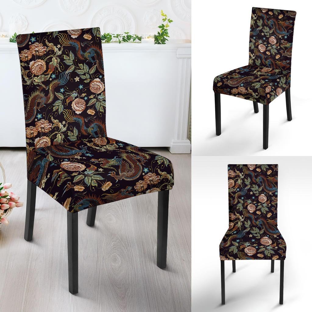Vintage Chinese Dragon Floral Print Chair Cover-grizzshop