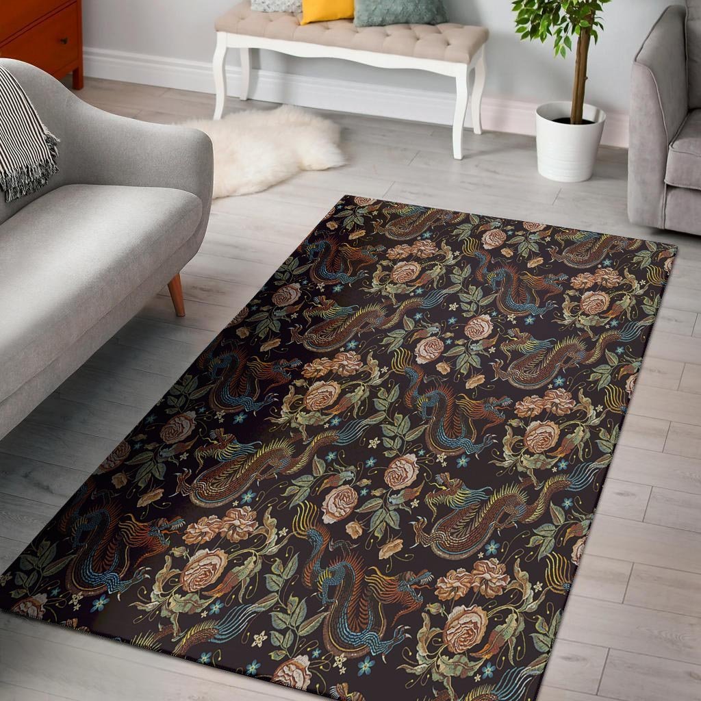 Vintage Chinese Dragon Floral Print Floor Mat-grizzshop