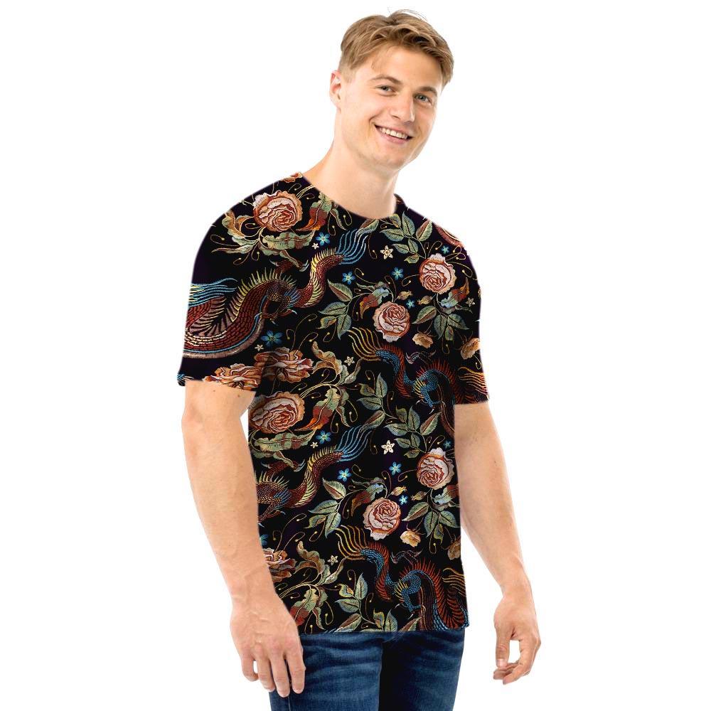 Vintage Chinese Dragon Floral Print Men T Shirt-grizzshop