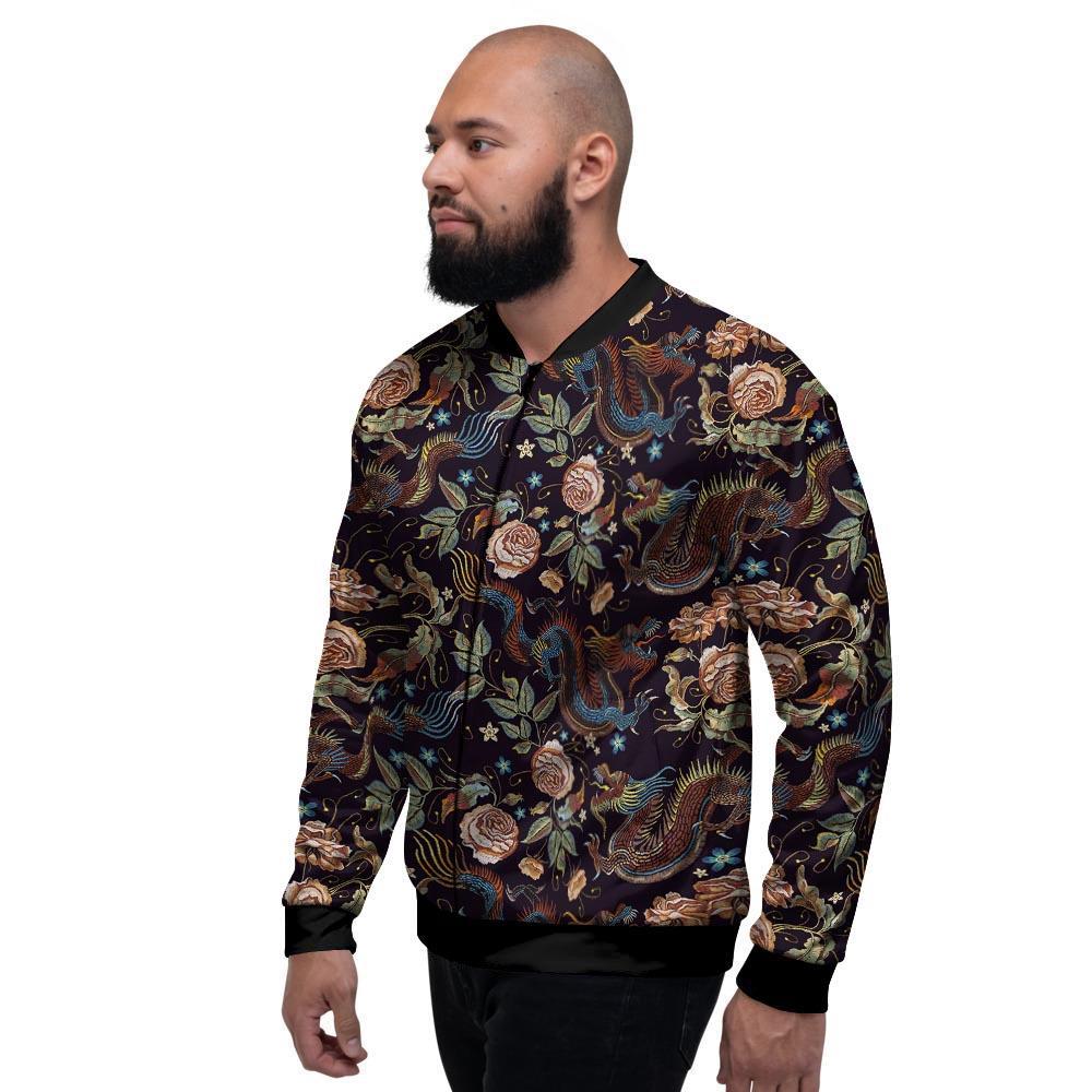 Vintage Chinese Dragon Floral Print Men's Bomber Jacket-grizzshop