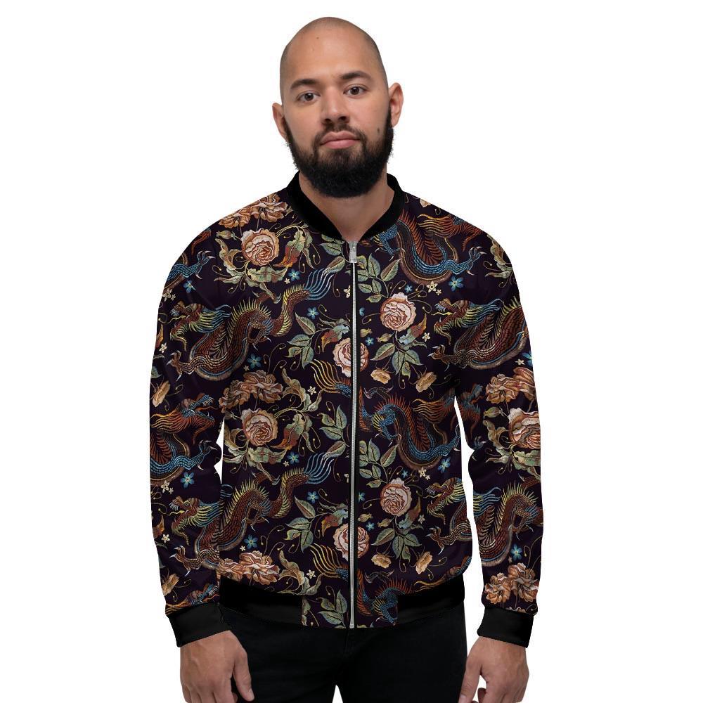 Vintage Chinese Dragon Floral Print Men's Bomber Jacket-grizzshop