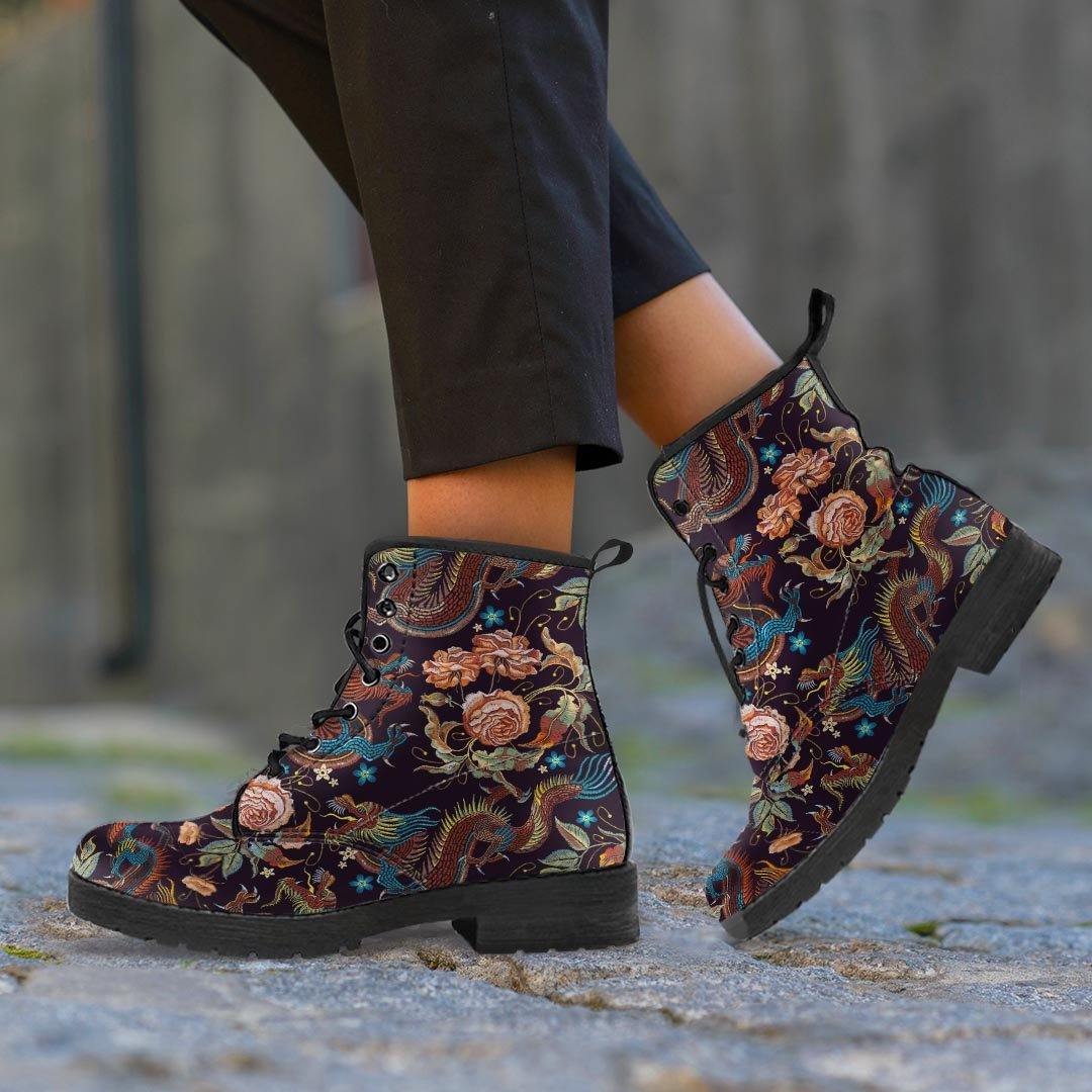 Vintage Chinese Dragon Floral Print Men's Boots-grizzshop