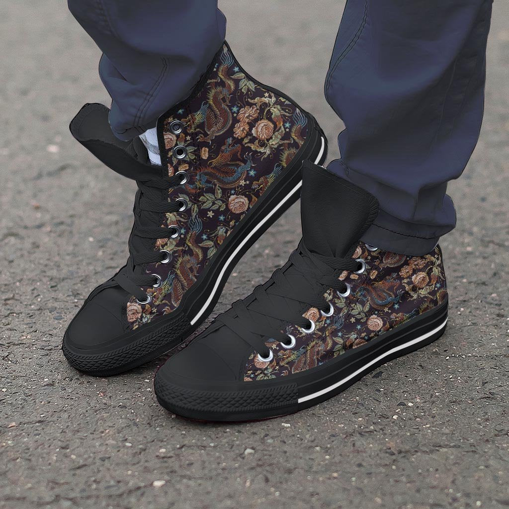 Vintage Chinese Dragon Floral Print Men's High Top Shoes-grizzshop